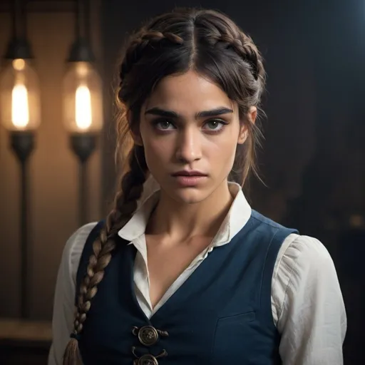 Prompt: Futuristic character in 1880, Sofia Boutella's face, brown agate eyes, long white sleeves rolled up, conservative blue vest of rough materials, neatly tied black top braid, high-quality, detailed, futuristic, historical, vintage, detailed eyes, professional, atmospheric lighting, classic tones