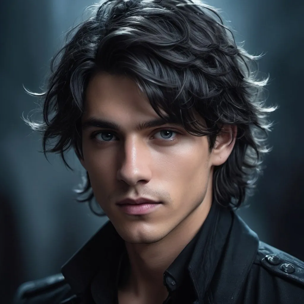 Prompt: Young man with a deep black disheveled hair, cool-toned digital illustration, Eric Roberts-like appearance, Rhysand's manners, detailed facial features, moody lighting, fantasy, cool tones, disheveled hair, detailed eyes, digital art, highres, atmospheric lighting