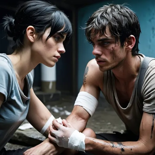 Prompt:  sickly, black hair twenty-three year old young man, icy blue eyes, sickly, thin, battle scars, escaped, injured, skinny, grime, dirt, sickly, injured, both wrists, white wrap wrists with white bandage, is comforted by a short hair woman with a Sofia Boutella face, injured, battle weary, worry, resistance, rebels, injured, underground, gritty, sitting a table, 
