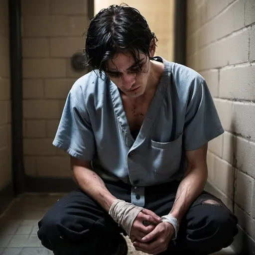 Prompt: prison interrogation, 20 years old, black hair now longer fell over his icy blue eyes  Skinny, starved, thin. tears, crying, painful, brow pinched, tattered shirt, Emaciated hands covered in bruises, injury,  prison grime,  cold stone floor, Rebels, Resistance, scars, blisters, bruises. gritty, dark, , begging,  Gothic architecture, suffering,  kneeling, handcuffs, handsome dark hair, tears, sad, sorrow,
His brow pinched, consuming pain, weeping eyes, shackles, injury
lays on stone floor, back to the prison cell door as it opened. Gritty, masked guards

