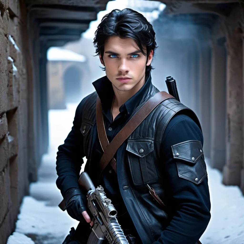 Prompt: handsome, black hair, blue-eyed young man, innocent face,   warrior, underground, wearing guns rebels. intense atmosphere, dramatic  low  professional lighting, winter, post apocalyptic urban fantasy setting, dramatic lighting, intricate architectural details, high quality, realistic fantasy, urban setting, detailed expressions, dramatic lighting, 