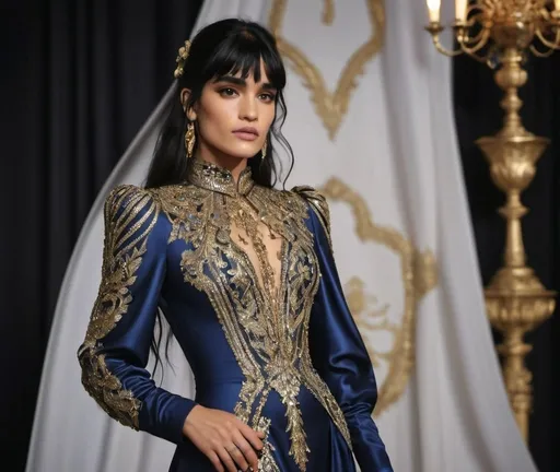 Prompt:  Sofia Boutella-like woman in a  highcollar flowing blue silk and shimmering gold dress, adorned with epaulettes, covered in gold jewels, classic morman  detailed facial features, luxurious material, highres, elegant, glamorous, sophisticated, shimmering, opulent, 