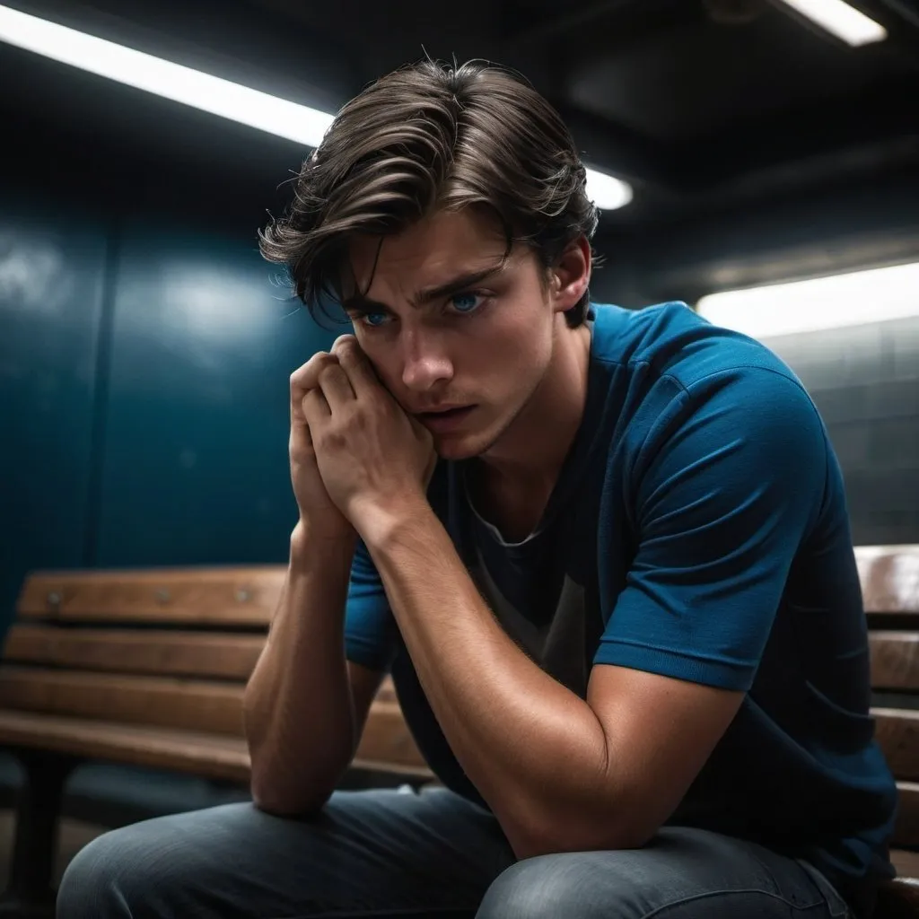 Prompt: He made no attempt to stand from the bench knowing he was incapable and bent over into his hands, covering his face to hide how relieved he actually was. 
 young man with dark hair and blue eyes, injured, resistance, rebels, underground, cinematic, dramatic, moody lighting, gritty, table scene, detailed facial expressions, professional, highres, cinematic lighting, dramatic storytelling