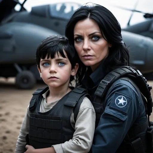 Prompt: dark black hair
the  beautiful mother's protective supports   her small  injured seven year old  blue eye son with handsome dark  black hair.  rebels, 
 gritty,  Moody light, cinematic, warzone,, terrorists,, dramatic lighting, tactical , cargo pants
