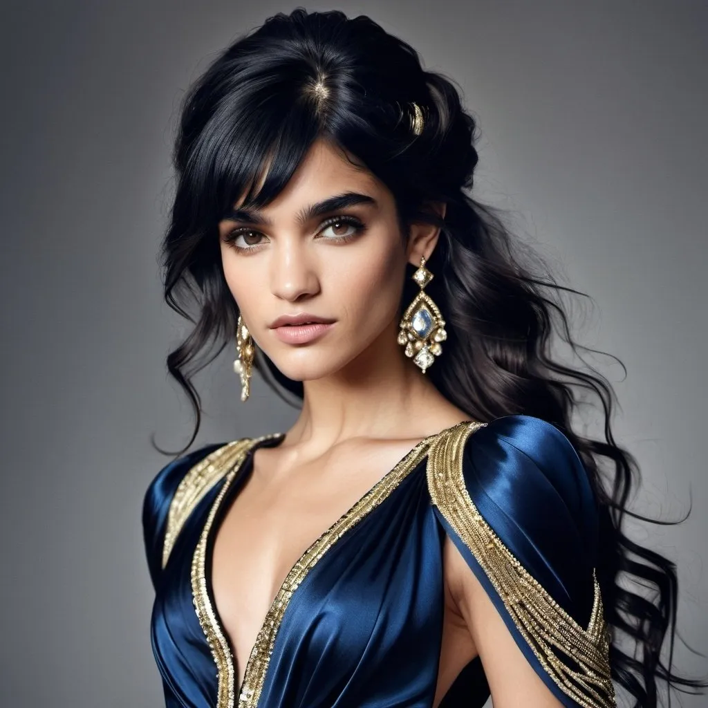 Prompt: Ingush , Sofia Boutella-like woman in a medieval style black silk and shimmering gold dress, adorned with blue and gold jewels, gold coiling bands on arms, pearl rings on fingers, hair swept up high and cascading onto left shoulder, high fashion, detailed facial features, luxurious material, highres, elegant, glamorous, sophisticated, shimmering, opulent, detailed hair, professional lighting Ingush