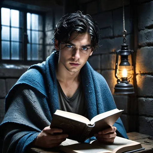 Prompt:  wet hair soaked, exhausted young man with black hair and blue eyes,  wrapped  in a gray wool blanket, Holds a book, Book has a blue ink stamp, bunker room setting, no windows, one caged light.
   injured, resistance, rebels, bunker room, underground, cinematic, dramatic, moody lighting, gritty, table scene, detailed facial expressions, professional, highres, cinematic lighting, dramatic storytelling