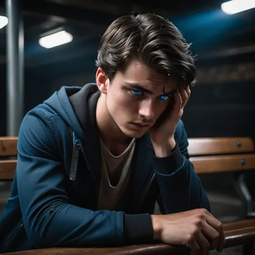 Prompt: He made no attempt to stand from the bench knowing he was incapable and bent over into his hands, covering his face to hide how relieved he actually was. 
 young man with dark hair and blue eyes, injured, resistance, rebels, underground, cinematic, dramatic, moody lighting, gritty, table scene, detailed facial expressions, professional, highres, cinematic lighting, dramatic storytelling