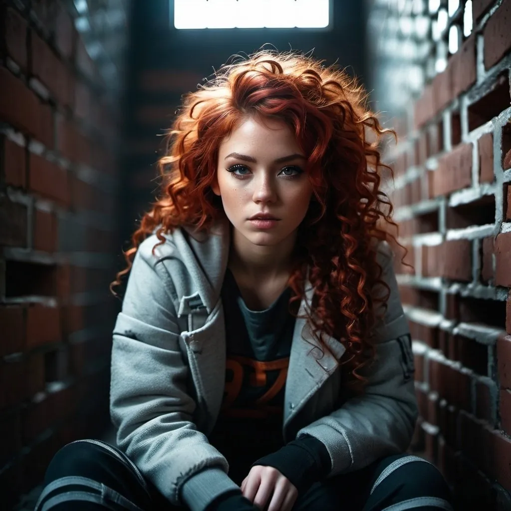 Prompt: Savvy scrappy girl in patched winter clothes, sitting in a dark grimey, dank poor brick prison cell, curly red hair framing her face, being grimey, rough textures, highres, ultra-detailed, futuristic, prison, curly hair, scrappy fashion, cool tones, dramatic lighting