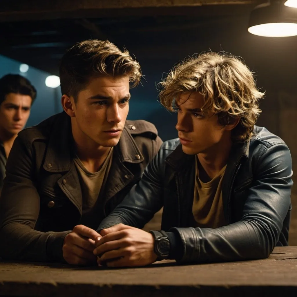 Prompt: male sandy hair Victatrain,  battle weary, worry,  helps a young man with dark hair young man, resistance, rebels, injured, underground, gritty, sitting a table, cinematic, dramatic, moody lights

