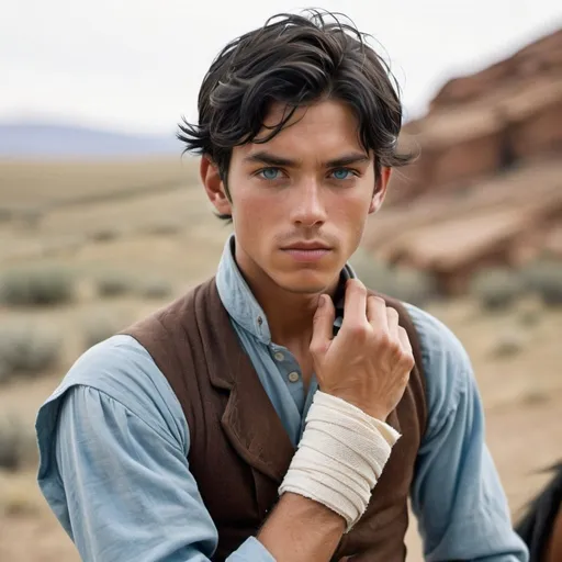 Prompt: handsome  young, black hair young man with icy blue eyes, sickly, thin, skinny, sickly, injured, classic hand injury wrap, wrists with bandage,  western setting, world, 1890's west
