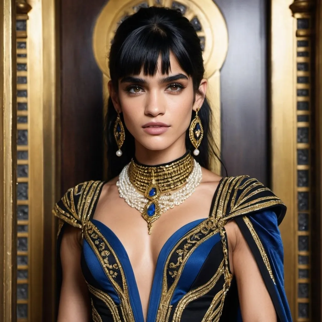 Prompt: woman, sofia boutella features, a radiant woman in a dress of black and gold stook at the entrance of the arched doors. Her neck was adorned with blue and gold jewels, her arms were covered  in coiling bands and her fingers with pearls.  The woman’s hair was swept up and back and cascaded onto her left shoulder. Her face was  transformed and he did not know at whom he slacked his jaw until she cut a sharp gaze at him, those eyes of amber gold.  His wife.