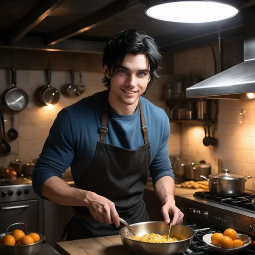 Prompt: handsome, black hair, blue-eyed young man, innocent face,  grinning, underground, cooking in the kitchen, with his wife intense atmosphere, dramatic  low  professional lighting, winter, post apocalyptic urban fantasy setting, dramatic lighting, intricate architectural details, high quality, realistic fantasy, urban setting, detailed expressions, dramatic lighting, 