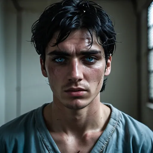 Prompt:  a cruel, mean guard wearing baclava and drag young prisoner, young man with black hair in face,  young icy blue eyes,  Skinny, starved, 
thin. tears, young, crying,  young Rebels, scars, blisters, bruises. gritty, dark, painful, brow pinched, tattered shirt,  bruises, injury, grime, scars, blisters, bruises. gritty, dark, suffering, handsome dark hair, tears, sad, sorrow, brow pinched, consuming pain, weeping eyes, shackles, injury, Gritty, low light, intense, prison guards, cinematic light, post apocalypse, on floor, post apocalypse death camp prison, interrogation, dramatic lighting, fantasy, sci-fi


