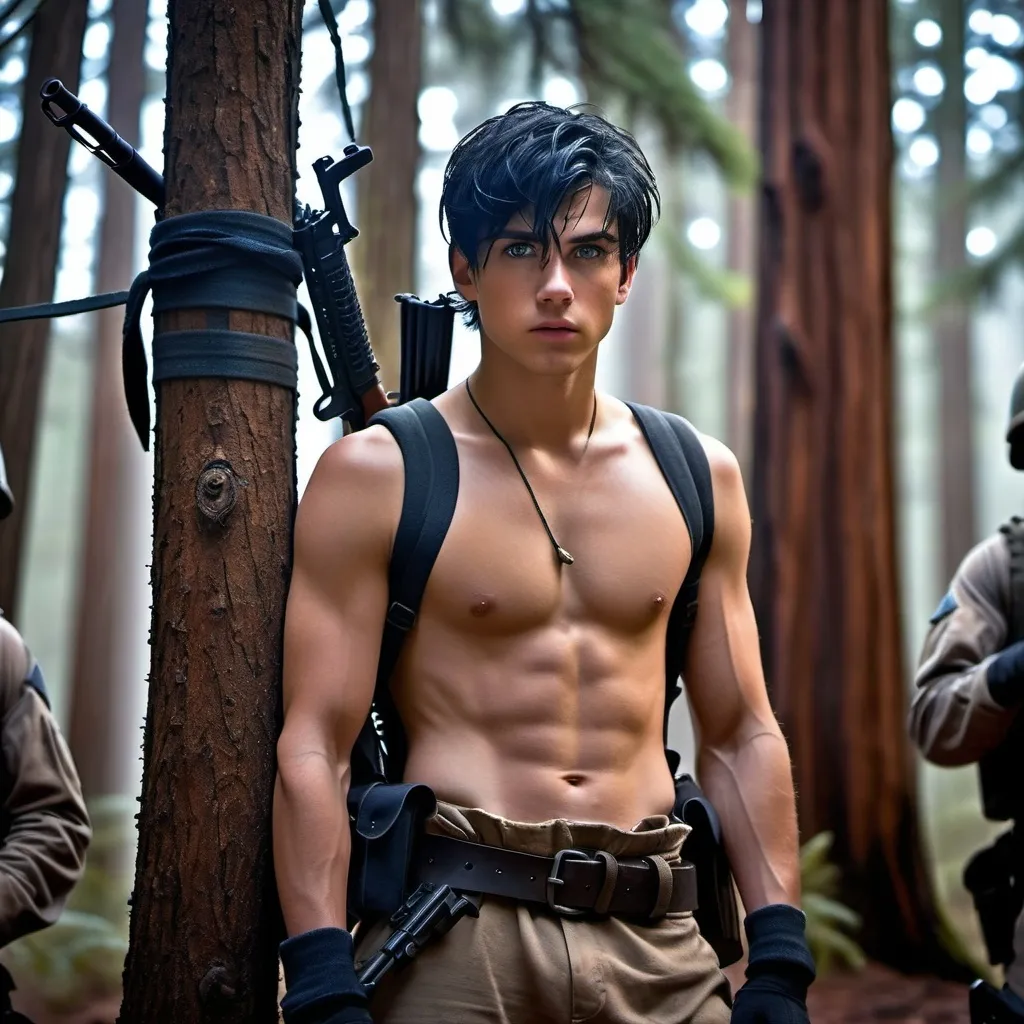 Prompt: handsome, black hair, blue-eyed 18 year old man, innocent face, captured, his back tied to tree,  surrounded by soldiers and aimed weapons, prisoner. intense atmosphere, dramatic  low  professional lighting, winter, post apocalyptic  redwood forest fantasy setting, dramatic lighting,  high quality, realistic fantasy setting, detailed expressions, dramatic lighting, 