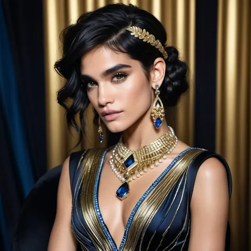 Prompt: Ingush , Sofia Boutella-like woman in a midlevel style black silk and shimmering gold dress, adorned with blue and gold jewels, gold coiling bands on arms, pearl rings on fingers, hair swept up high and cascading onto left shoulder, high fashion, detailed facial features, luxurious material, highres, elegant, glamorous, sophisticated, shimmering, opulent, detailed hair, professional lighting Ingush