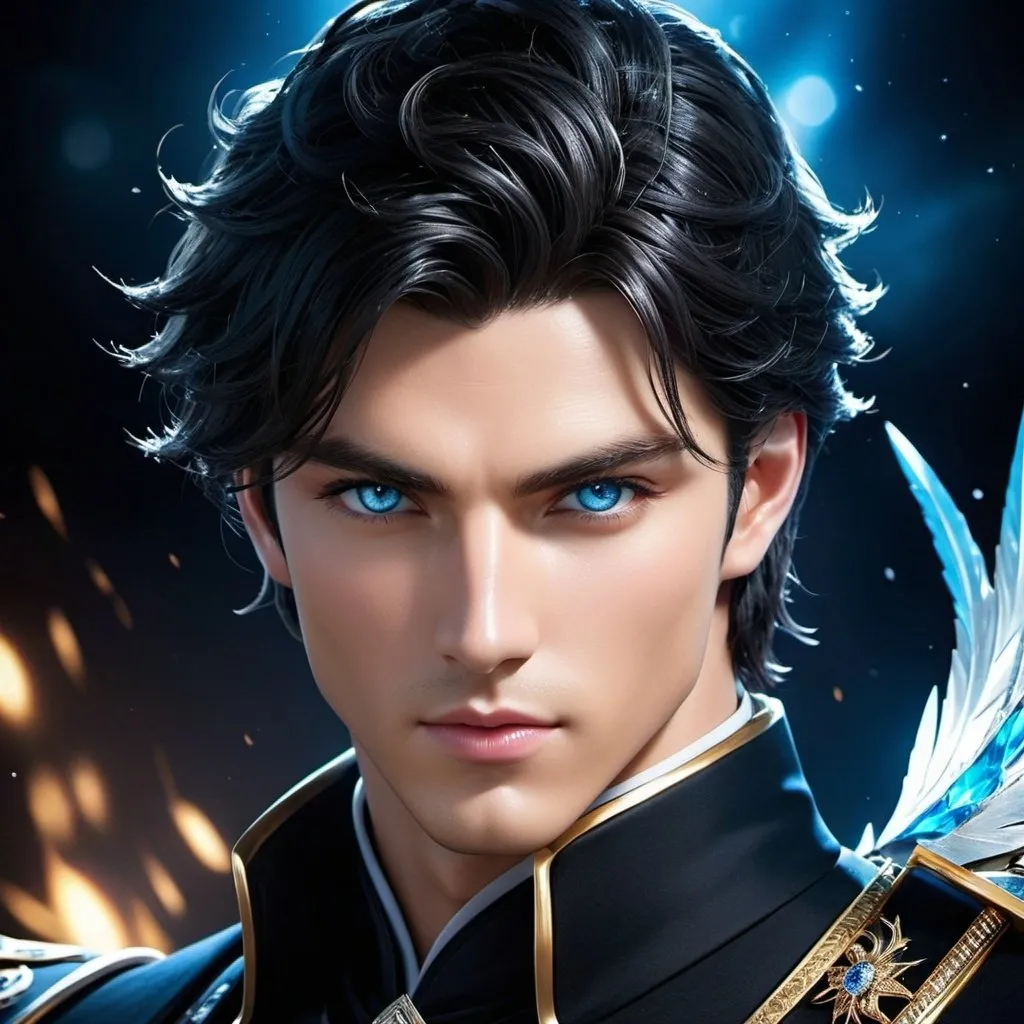 Prompt: Discover the allure of this dark, handsome powerful god.  Icy blue eyes, 
charisma and charm soldier, leader and Dark hair. #HandsomeMen #MysteryMan Captain, #Charming #darkhandsomemale A God,