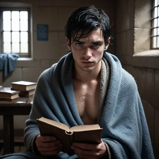 Prompt:  wet hair soaked, exhausted young man with black hair and blue eyes,  wrapped  in a gray wool blanket, Holds a book in front of him. Book has a blue Council stamp, rustic prison cell room, no room, one caged light.
   injured, resistance, rebels, underground, cinematic, dramatic, moody lighting, gritty, table scene, detailed facial expressions, professional, highres, cinematic lighting, dramatic storytelling