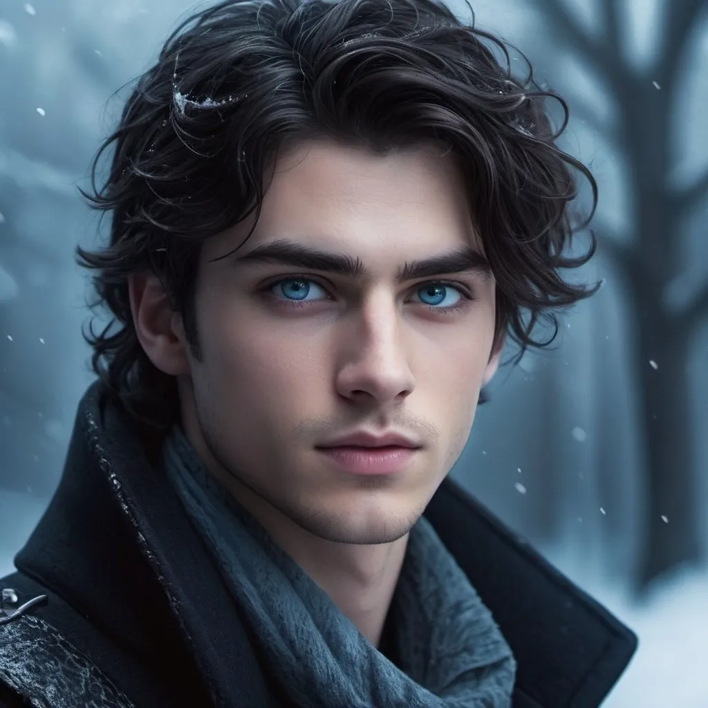 Prompt: Young man with a deep black disheveled hair, cool-toned digital illustration, icy blue eyes, eric Robert's-like appearance, Rhysand's ACOTAR manners, detailed facial features, moody lighting, fantasy, cool tones, winter setting, disheveled hair, detailed eyes, digital art, highres, atmospheric lighting