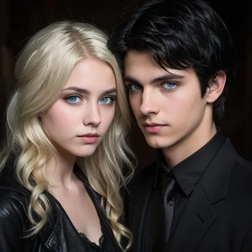 Prompt: handsome, black hair, blue-eyed 16 year old male, with older blond wavy hair girlfriend, black gothic temple setting, Refugee, intense low light atmosphere, dramatic lighting, dynamic composition, gritty,, captive, rebellious, dramatic lighting, professional lighting