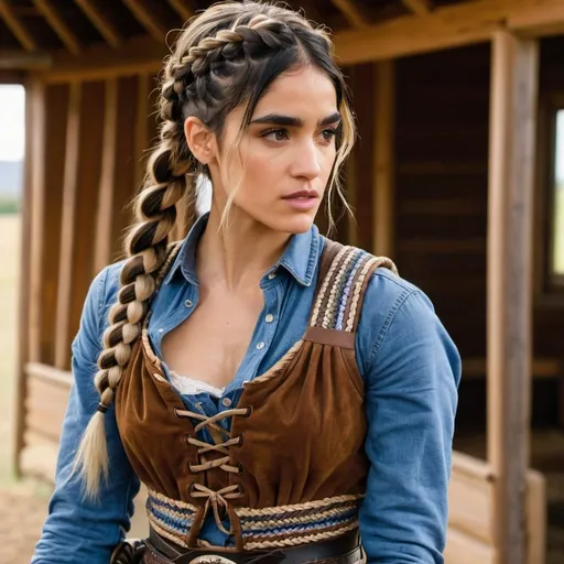 Prompt:   woman with braided hair and sofia Boutella features poised to defend herself in a fight, a baby in papoose strapped to her chest, and braided hair western, set in travel, midwest farm
