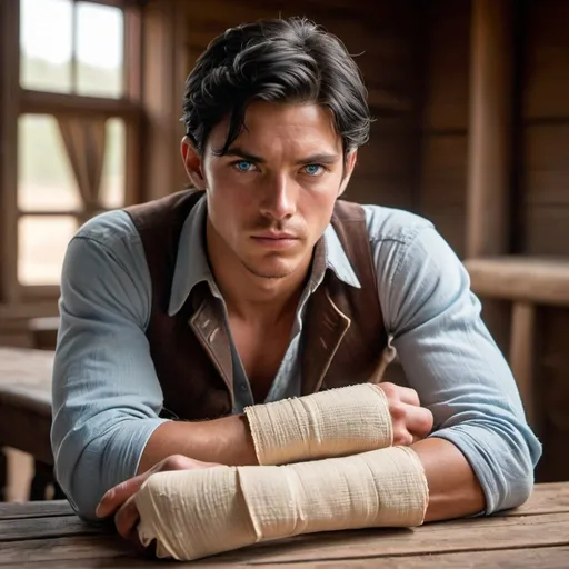 Prompt: handsome  young, black hair young man with icy blue eyes, sickly, thin, skinny, sickly, injured, classic hand injury wrap, wrists with bandage,  western setting, world, old west, sitting a table
