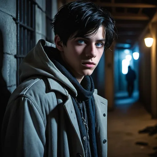 Prompt: handsome, black hair, blue-eyed 16 year old homeless male, wearing old worn out  and patched up coat, taken hostage by masked kidnappers, black gothic temple setting, Refugee, intense low light atmosphere, dramatic lighting, dynamic composition, gritty,, captive, rebellious, dramatic lighting, professional lighting