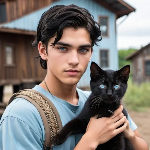 Prompt: handsome 18-year-old young man with  black hair and innocent icy blue eyes, sweet face,woman with sofia boutella-like face with brown eyes, her braided hair, post apocalypse summer  emotional, taking care of black kitten