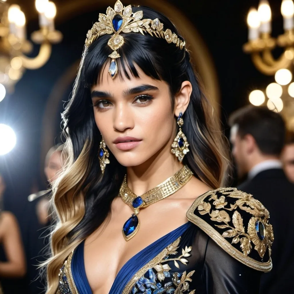 Prompt:  Sofia Boutella-like woman in a medieval flowing black silk and shimmering gold dress, adorned with epaulettes blue and gold jewels, arms and fingers covered in jewels, hair swept up high and cascading onto left shoulder, high fashion, detailed facial features, luxurious material, highres, elegant, glamorous, sophisticated, shimmering, opulent, detailed hair, professional lighting Ingush