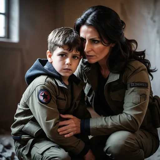 Prompt: 
the mother's protective supports   her small  injured seven year old son handsome dark hair.  rebels, 
 gritty,  Moody light, cinematic, warzone,, terrorists,, dramatic lighting, tactical , cargo pants
