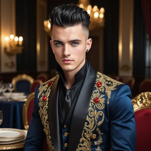 Prompt: Handsome 24-year-old with black hair, mohawk, and intense blue eyes, wearing a black dinner jacket with ornate gold and red thread designs, rebels, polished black boots, high quality, resistance, detailed, realistic, scarred, sophisticated, elegant, stylish, , mohawk, intense blue eyes, ornate dinner jacket, royal dinner setting, future, rebels, war, refugee
