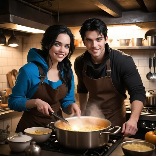 Prompt: handsome, black hair, blue-eyed young man, innocent face,  grinning, underground, cooking in the kitchen, with his wife intense atmosphere, dramatic  low  professional lighting, winter, post apocalyptic urban fantasy setting, dramatic lighting, intricate architectural details, high quality, realistic fantasy, urban setting, detailed expressions, dramatic lighting, 