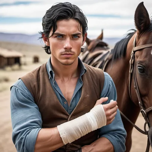 Prompt: handsome  young, black hair young man with icy blue eyes, sickly, thin, skinny, sickly, injured, classic hand injury wrap, wrists with bandage,  western setting, world, old west
