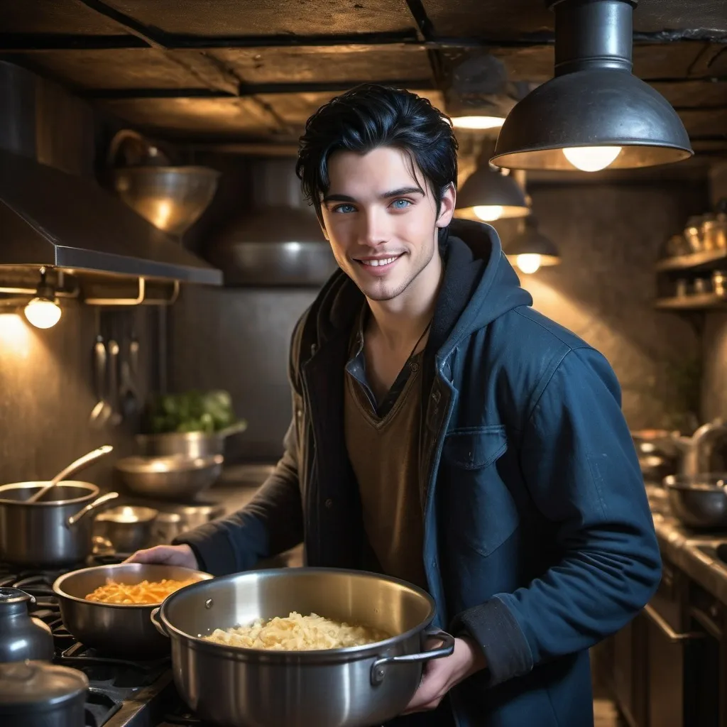 Prompt: handsome, black hair, blue-eyed young man, innocent face,  smiling, underground, cooking in the kitchen, intense atmosphere, dramatic  low  professional lighting, winter, post apocalyptic urban fantasy setting, dramatic lighting, intricate architectural details, high quality, realistic fantasy, urban setting, detailed expressions, dramatic lighting, 