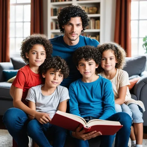 Prompt: handsome, short black hair blue eyed young man  sits the floor of the large living room, with two  curly hair children sitting either side of  him and the two more curly hair children hanging over his shoulders from the seat of the chair he leaned on. He was reading to them,