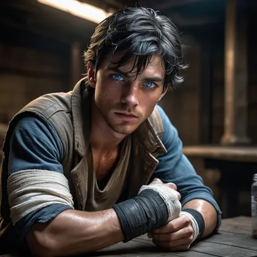 Prompt: handsome young man, icy blue eyes, sickly, thin, black hair, injured, classic hand injury wrap, both wrists with bandage, battle weary, worry, resistance, rebels, underground, gritty, sitting at a table, detailed facial features, high quality, gritty, resistance, rebels, underground, gritty, dramatic lighting