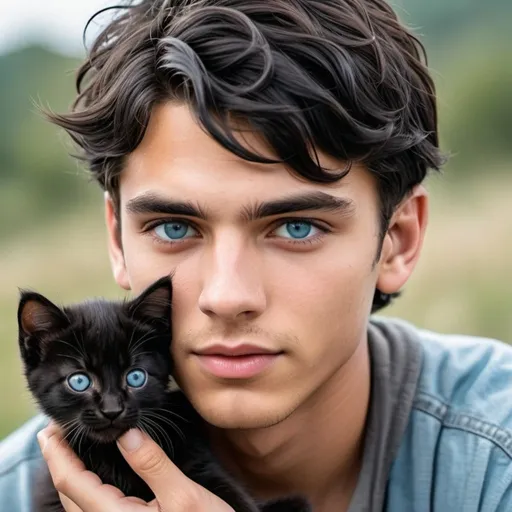 Prompt: handsome 18-year-old young man with  black hair  innocent icy blue eyes, sweet face, takes care of tiny newborn black kitten with a woman with sofia boutella-like face with brown eyes, her braided hair, post apocalypse summer  emotional, 