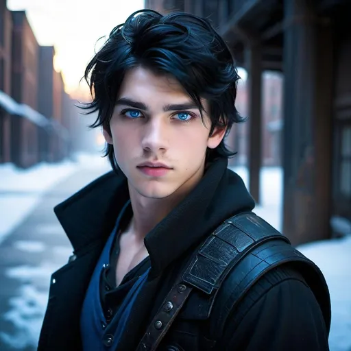 Prompt: handsome, black hair, blue-eyed 18 year old man, innocent face,   rebels. intense atmosphere, dramatic  low  professional lighting, winter, post apocalyptic urban fantasy setting, dramatic lighting, intricate architectural details, high quality, realistic fantasy, urban setting, detailed expressions, dramatic lighting, 