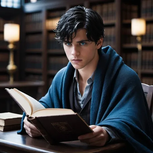 Prompt: Warryk was wrapped  in a gray wool blanket a held the book in front of him. Book has a blue Council stamp from the forbidden part of the library.
 “Reese, I’m not supposed to have this.” 
 wet hair soaked, young man with black hair and blue eyes,     injured, resistance, rebels, underground, cinematic, dramatic, moody lighting, gritty, table scene, detailed facial expressions, professional, highres, cinematic lighting, dramatic storytelling