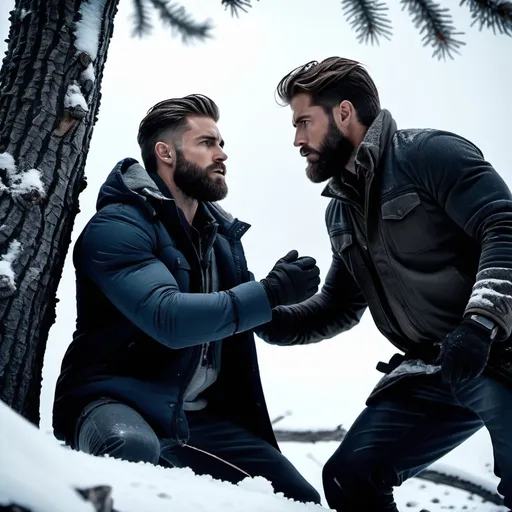 Prompt: (handsome bearded man disarming young man at tree base), confrontation, snowy landscape, harsh cold atmosphere, brutal scene with evident injuries, rugged textures, dramatic lighting emphasizing shadows, breath visible in frigid air, intricate details in tree bark and snowy ground, moody and gritty ambiance, ultra-detailed, high quality 4K resolution.