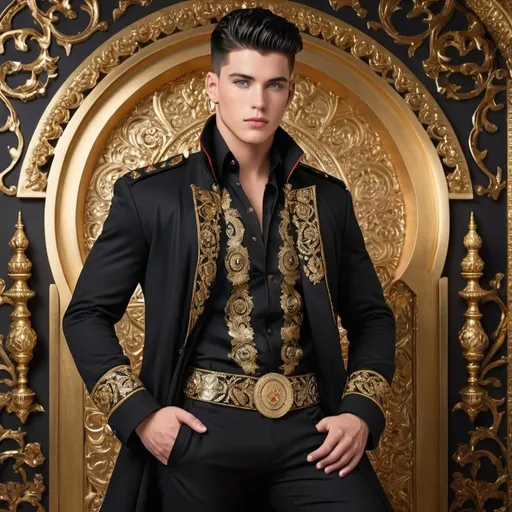 Prompt: a handsome  strong, 20-year-old man with black hair, high and tight, and blue eyes, clothes, black jacket with ornate, stitches and pieces that made it fit perfectly, Gold and red thread glimmered ornate designs over the entire thing and the gold jewled buttons.  black polished miltary boots 