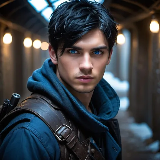 Prompt: handsome, black hair, blue-eyed young man, innocent face,   warrior, underground, wearing guns rebels. intense atmosphere, dramatic  low  professional lighting, winter, post apocalyptic urban fantasy setting, dramatic lighting, intricate architectural details, high quality, realistic fantasy, urban setting, detailed expressions, dramatic lighting, 