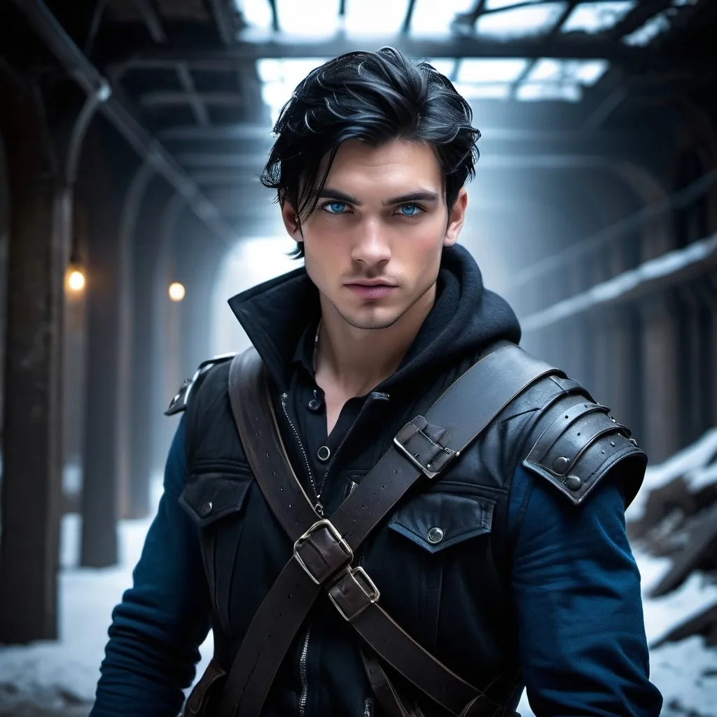 Prompt: handsome, black hair, blue-eyed young man, innocent face,   warrior, underground, wearing guns rebels. intense atmosphere, dramatic  low  professional lighting, winter, post apocalyptic urban fantasy setting, dramatic lighting, intricate architectural details, high quality, realistic fantasy, urban setting, detailed expressions, dramatic lighting, 