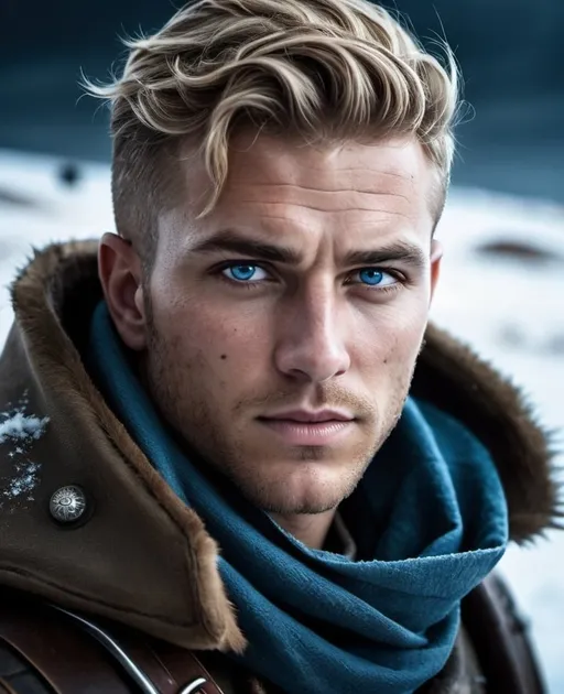 Prompt: The sandy hair man, high and tight military style with small eyes man he would later come to find out was Burgess, smirk. intense cruel, gaze, worn leather armor, fur-lined cloak, snowy landscape, high quality, cinematic, heroic, epic lighting, cool tones, detailed eyes, professional, gritty atmosphere,intense atmosphere, dramatic low professional lighting, post-apocalyptic setting, detailed eyes, highres, intense atmosphere, professional lighting, post-apocalyptic,, dramatic, rebel medic, blue tones