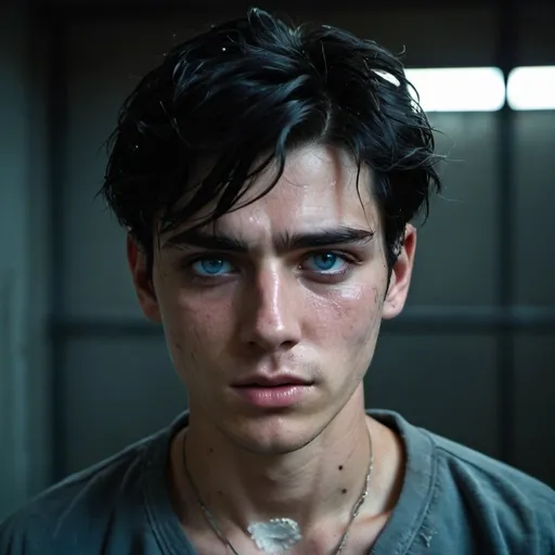 Prompt:  20 years old male, with black hair in face, good bone structure, young icy blue eyes,  Skinny, starved, thin. tears, young, crying,  young Rebels, scars, blisters, bruises. gritty, dark, painful, brow pinched, tattered shirt,  bruises, injury, grime, scars, blisters, bruises. gritty, dark, suffering, handsome dark hair, tears, sad, sorrow, brow pinched, consuming pain, weeping eyes, shackles, injury, Gritty, low light, intense, prison guards, cinematic light, post apocalypse, on floor, post apocalypse death camp prison, interrogation, dramatic lighting,

