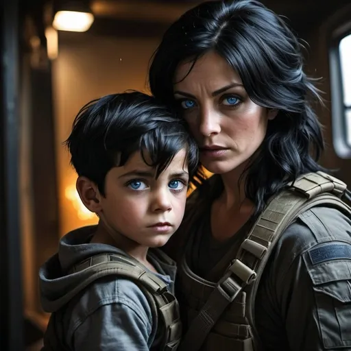 Prompt: dark black hair
the mother's protective supports   her small  injured seven year old  blue eye son with handsome dark  black hair.  rebels, 
 gritty,  Moody light, cinematic, warzone,, terrorists,, dramatic lighting, tactical , cargo pants
