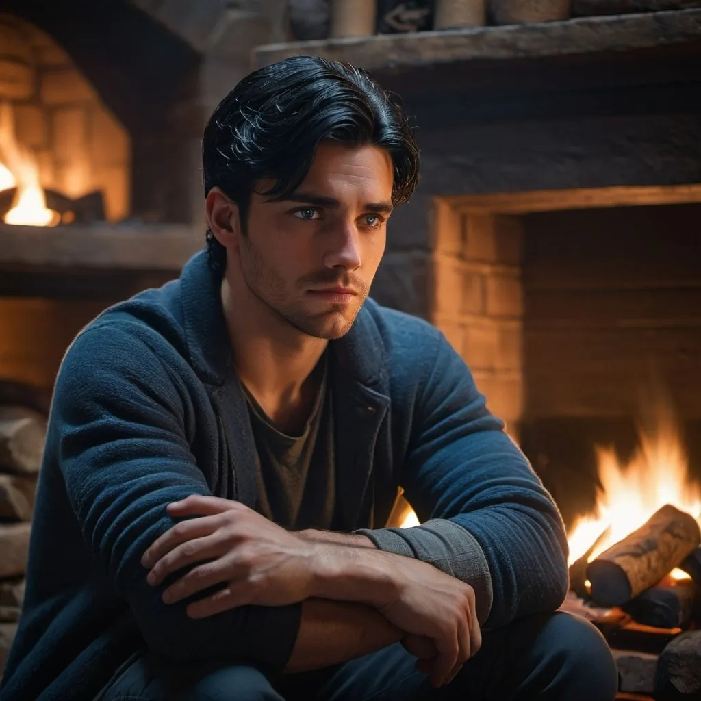 Prompt: young handsome, black hair man  with blue eyes sits next to the fire with Konrad sitting there at the hearth, his arms crossed, his head leaned back, his eyes closed.

 detailed facial features, emotional scene,  realistic, cold tones, lighting, pitiful expression, detailed hands, textured clothing, gritty, emotional storytelling, detailed storytelling, empathy, realistic, high quality, warzone, old city, detail architecture 