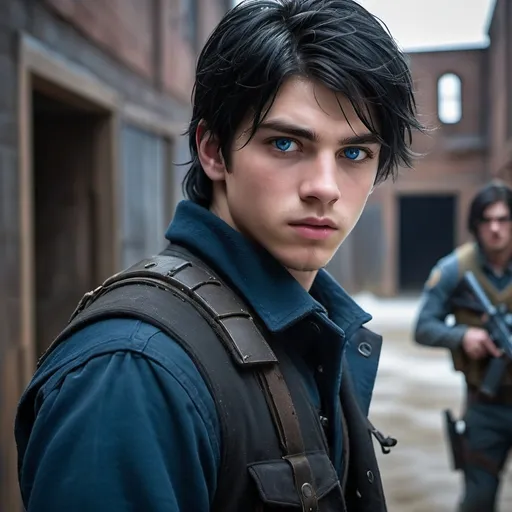 Prompt: handsome, black hair, blue-eyed 18 year old man, innocent face, captured  in  gunfight showdown, prisoners, intense atmosphere, dramatic  low  professional lighting, winter, post apocalyptic urban fantasy setting, dramatic lighting, intricate architectural details, high quality, realistic fantasy setting, detailed expressions, dramatic lighting, 