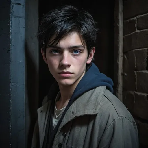 Prompt: handsome, black hair, blue-eyed 16 year old homeless male, wearing old worn out  and patched up coat, taken hostage by masked kidnappers, black gothic temple setting, Refugee, intense low light atmosphere, dramatic lighting, dynamic composition, gritty,, captive, rebellious, dramatic lighting, professional lighting