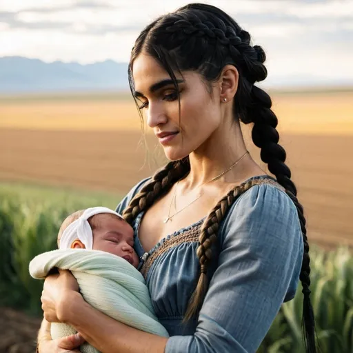 Prompt:   woman with sofia Boutella features and braided hair holding a newborn baby  in her arms, western, set in travel, midwest farm
