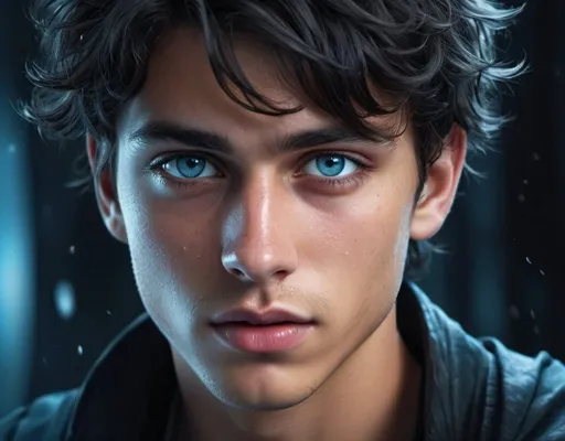 Prompt: Young tanned man with deep black disheveled hair, cool-toned digital illustration, icy blue eyes,  tears in his eyes, 15 years old, a strong jaw Tim Chamalet-like appearance, Rhysand's manners, detailed facial features, moody lighting, fantasy, cool tones, highres, digital art, detailed eyes, disheveled hair, atmospheric lighting, detailed facial features